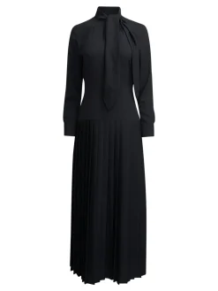 Dresses|Misook Tie Neck Pleated A-Line Maxi Dress Black