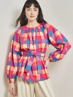 Blouses & Shirts|Tops & Tees|Misook Tie Waist Blouse - Plaid Cotton Blend RadiantPink/AdriaticBlue/Parchment