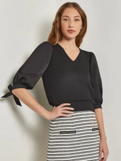 Tops & Tees|Misook Tie-Detail Puff Sleeve Blouse - Mixed Media Black