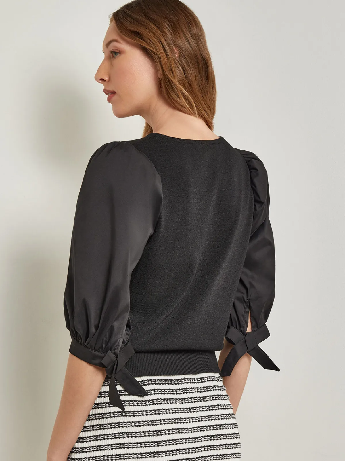 Tops & Tees|Misook Tie-Detail Puff Sleeve Blouse - Mixed Media Black
