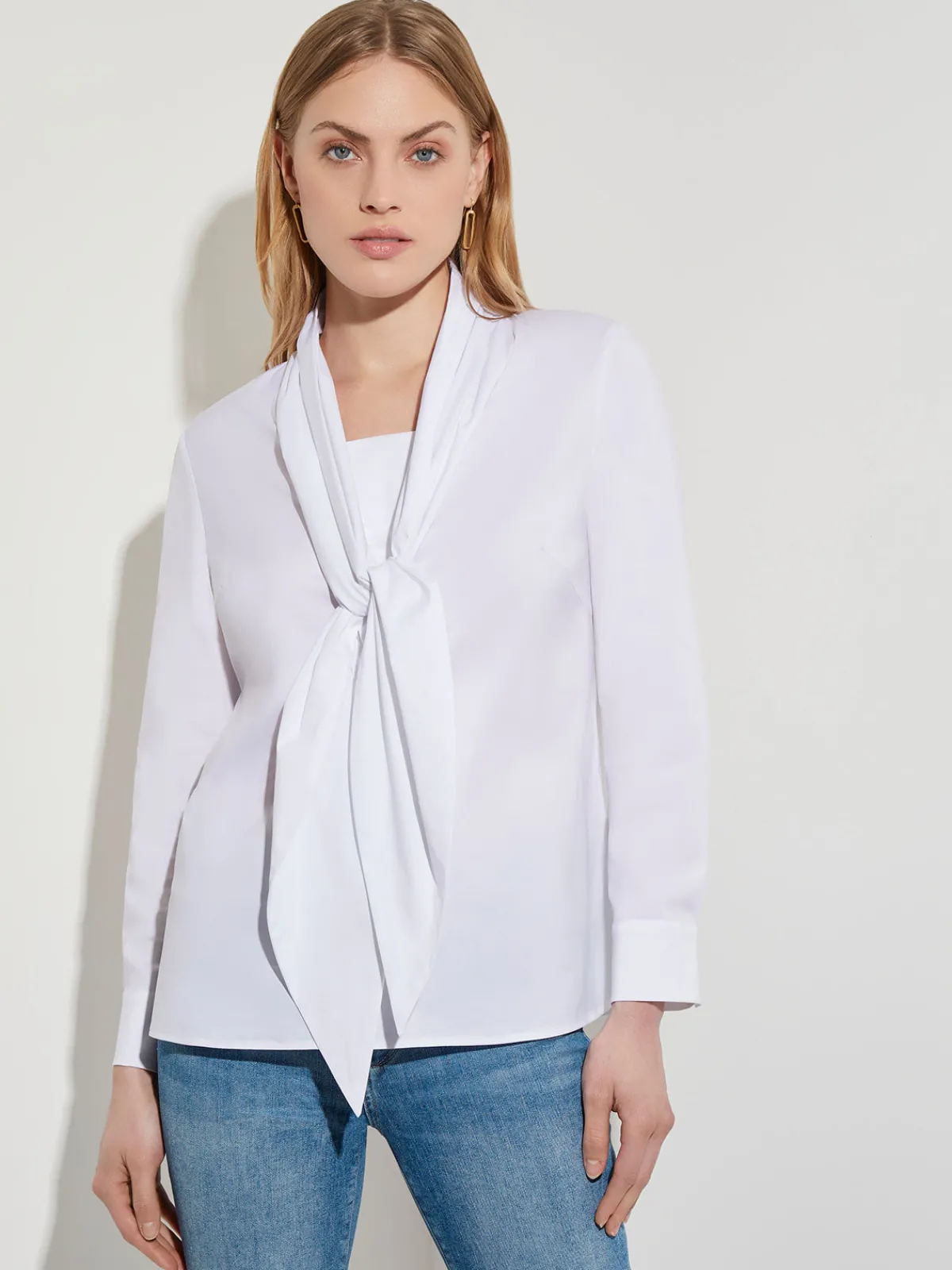 Blouses & Shirts|Tops & Tees|Misook Tie-Neck Cotton Poplin Blouse White