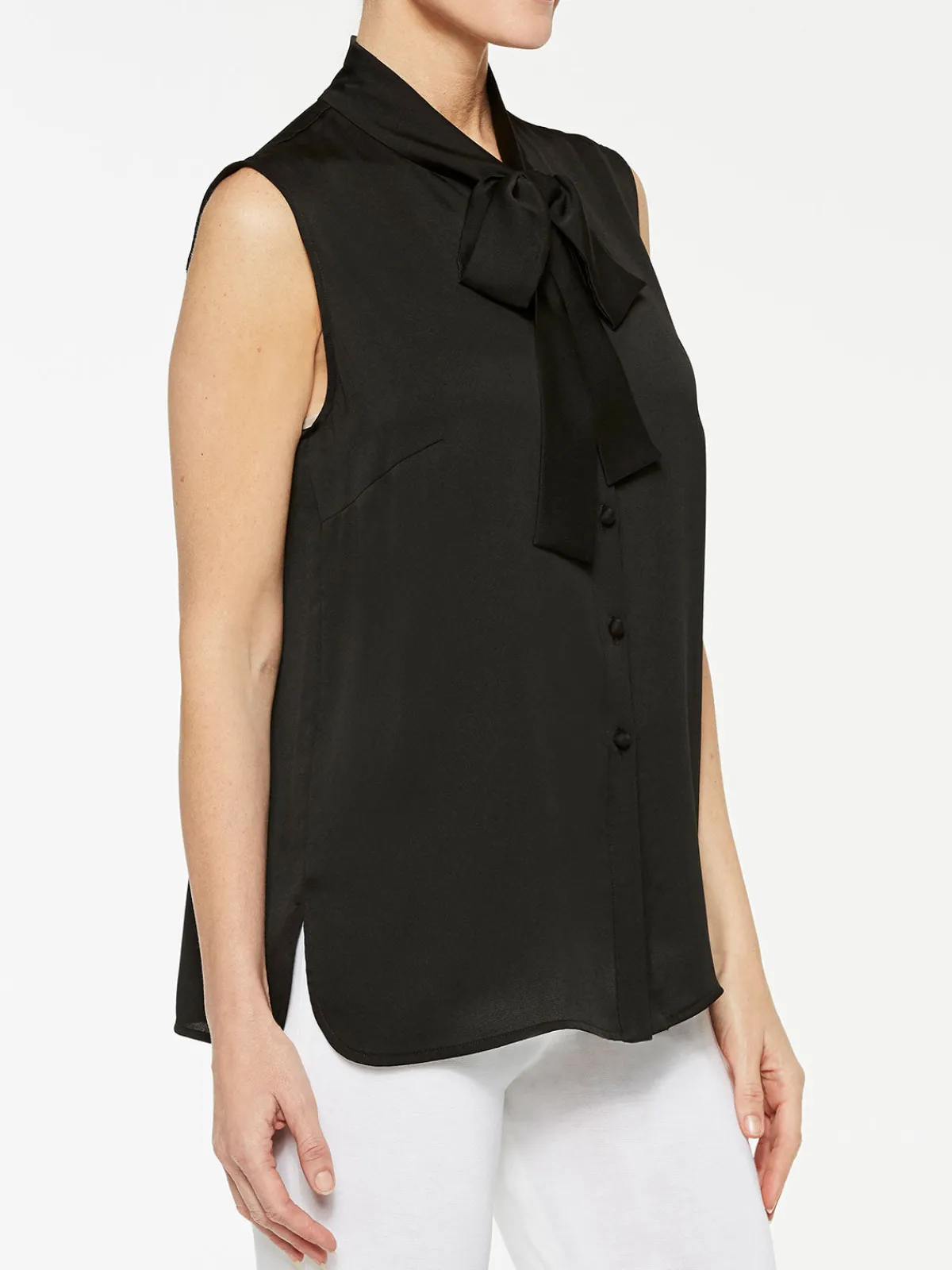 Blouses & Shirts|Tops & Tees|Misook Tie-Neck Crepe de Chine Blouse Black