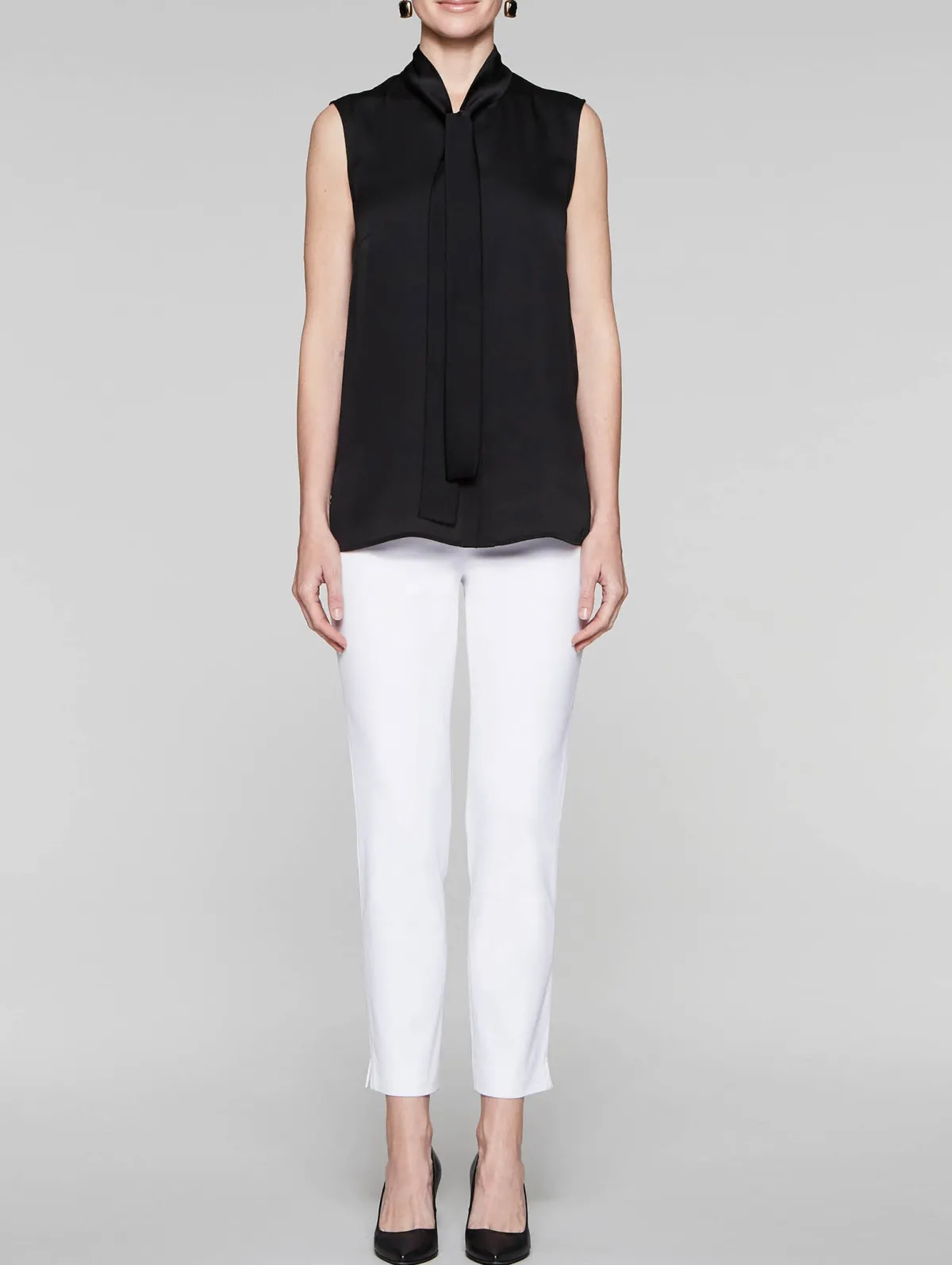 Blouses & Shirts|Tops & Tees|Misook Tie-Neck Crepe de Chine Blouse Black