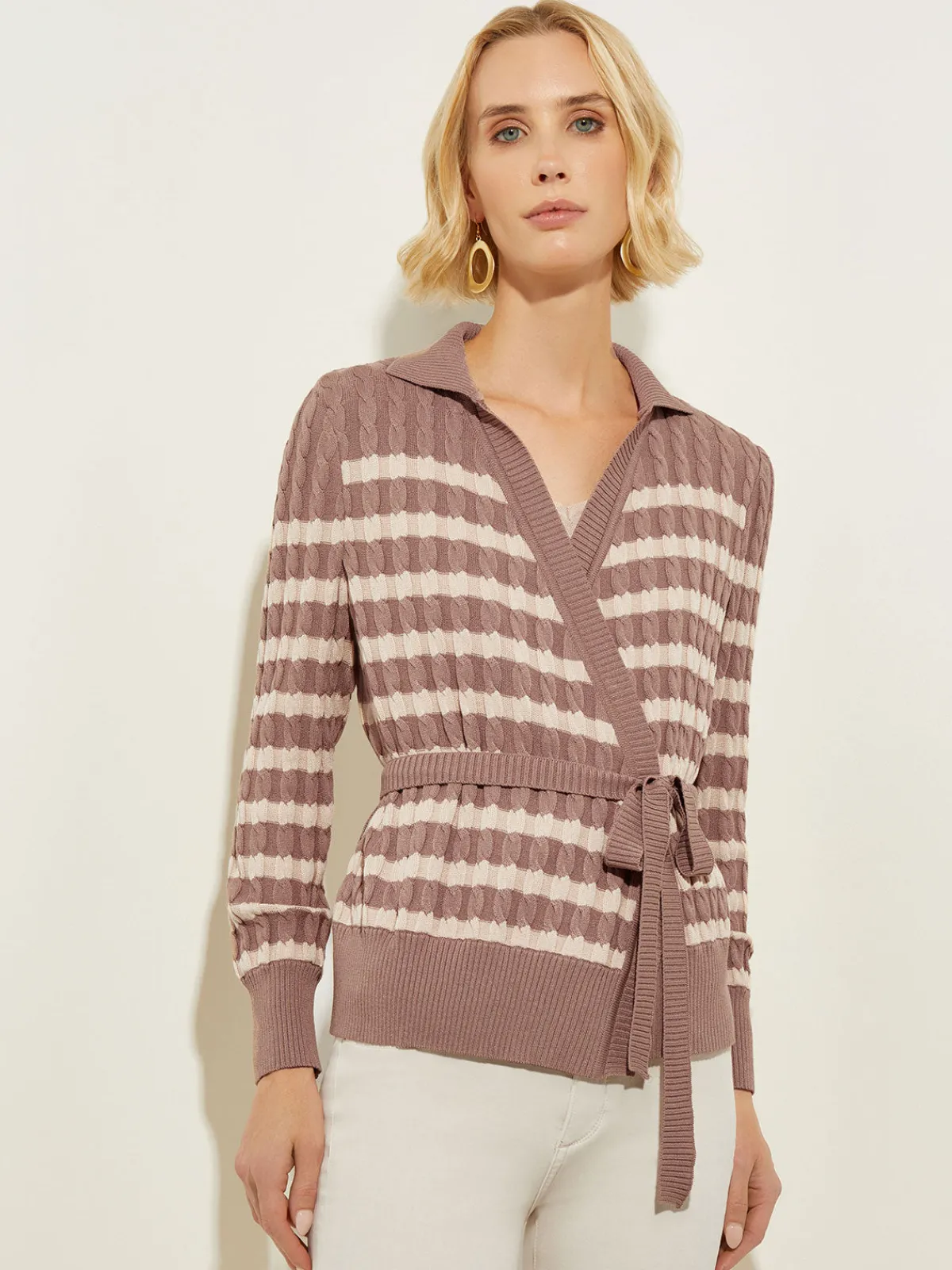Tops & Tees|Misook Tie-Waist Striped Soft Knit Tunic Macchiato/Biscotti