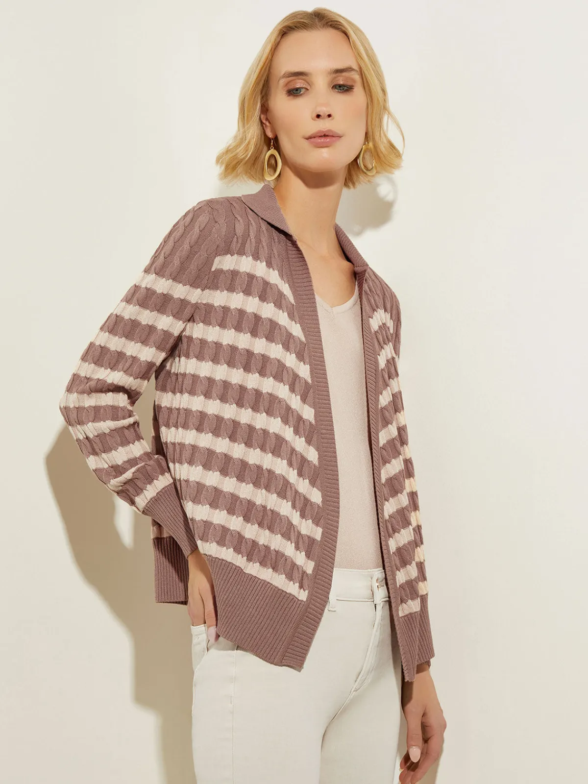Tops & Tees|Misook Tie-Waist Striped Soft Knit Tunic Macchiato/Biscotti