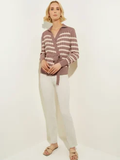 Tops & Tees|Misook Tie-Waist Striped Soft Knit Tunic Macchiato/Biscotti
