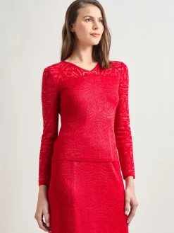 Tops & Tees|Misook Tonal Patterned V-Neck Burnout Knit Top Rouge