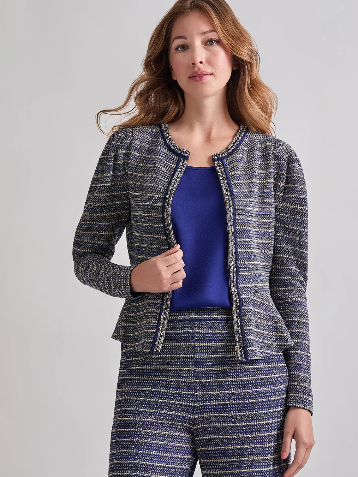 Jackets & Coats|Misook Tweed Knit Peplum Jacket StarryNightBlue/CornflowerBlue/Parchment/Black
