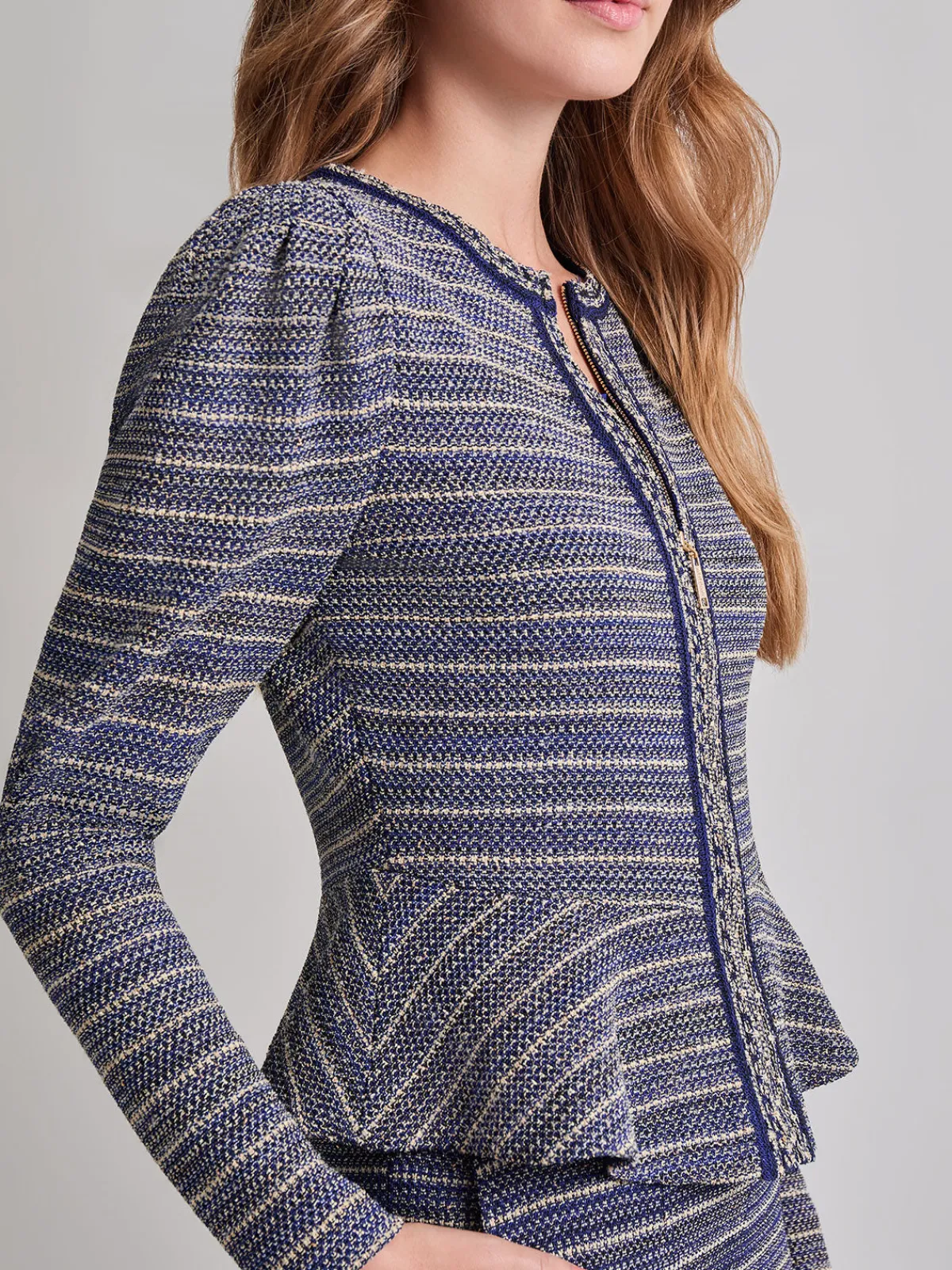 Jackets & Coats|Misook Tweed Knit Peplum Jacket StarryNightBlue/CornflowerBlue/Parchment/Black