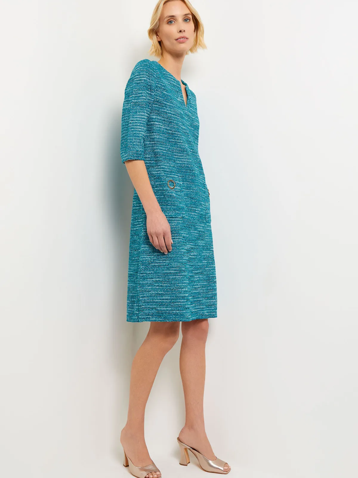 Dresses|Misook Tweed Knit Shift Dress with Pockets FrenchBlue/NewIvory/Black