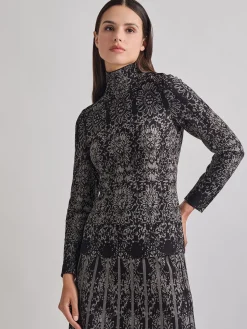 Tops & Tees|Misook Two-Tone Damask Jacquard Knit Tunic Black/Mink