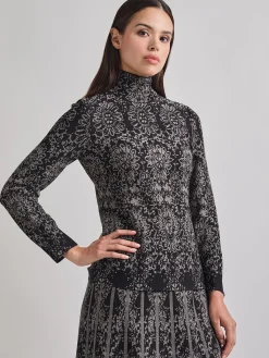 Tops & Tees|Misook Two-Tone Damask Jacquard Knit Tunic Black/Mink