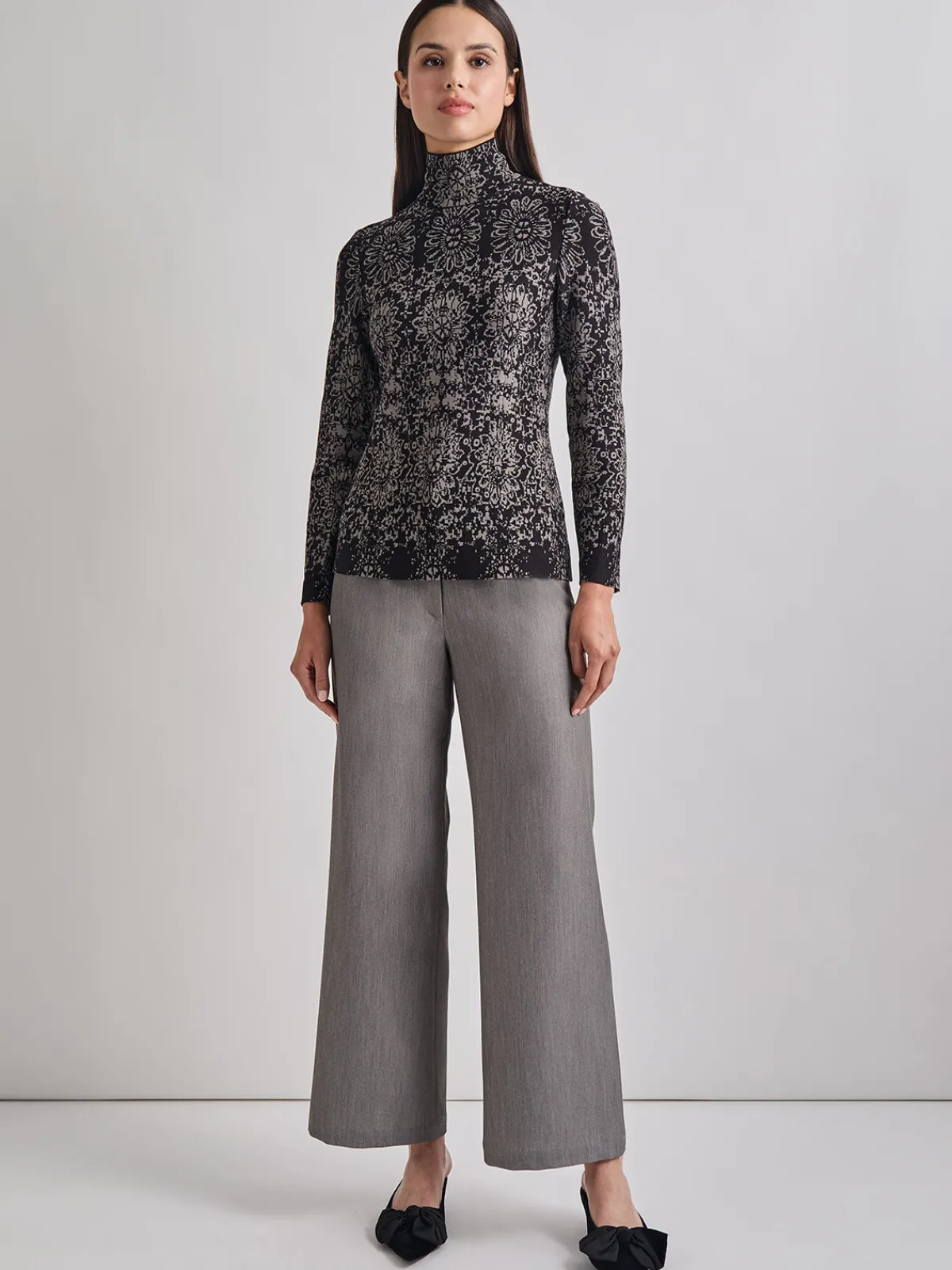 Tops & Tees|Misook Two-Tone Damask Jacquard Knit Tunic Black/Mink