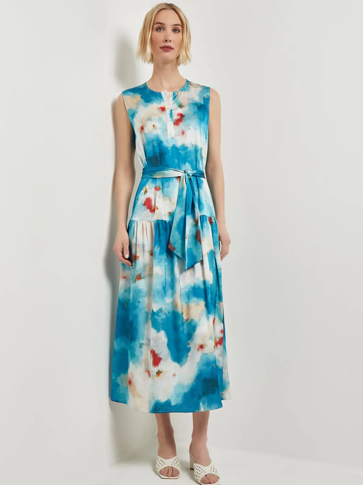 Dresses|Misook Watercolor Removable Shawl Collar Crepe Maxi Dress FrenchBlue/BasinBlue/StarAnise/Macadamia/RedSunset/NewIvory