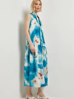 Dresses|Misook Watercolor Removable Shawl Collar Crepe Maxi Dress FrenchBlue/BasinBlue/StarAnise/Macadamia/RedSunset/NewIvory