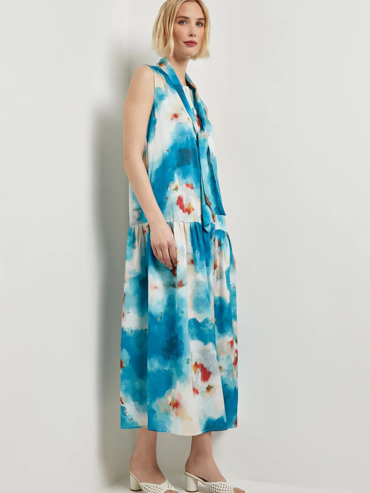 Dresses|Misook Watercolor Removable Shawl Collar Crepe Maxi Dress FrenchBlue/BasinBlue/StarAnise/Macadamia/RedSunset/NewIvory