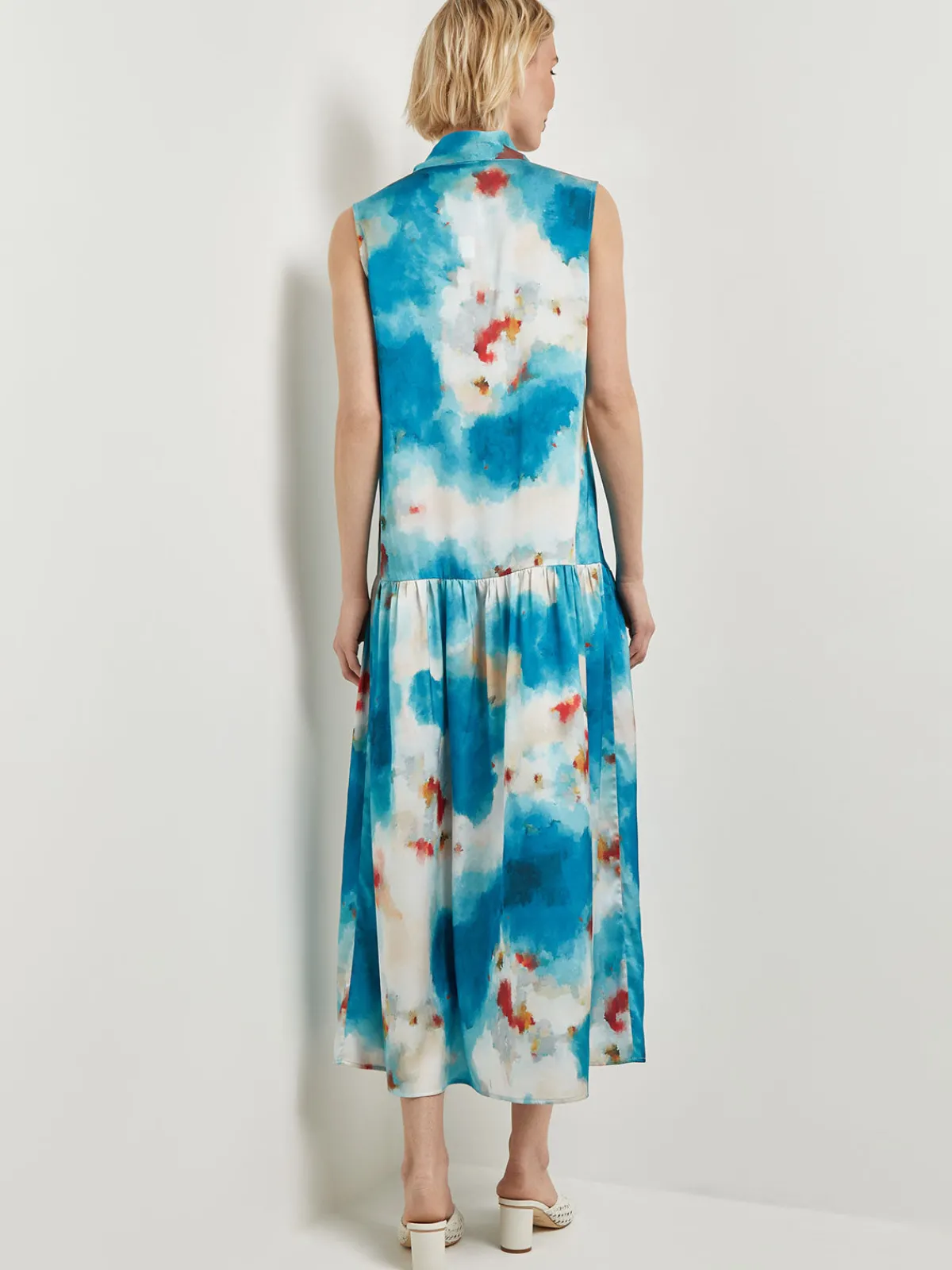 Dresses|Misook Watercolor Removable Shawl Collar Crepe Maxi Dress FrenchBlue/BasinBlue/StarAnise/Macadamia/RedSunset/NewIvory