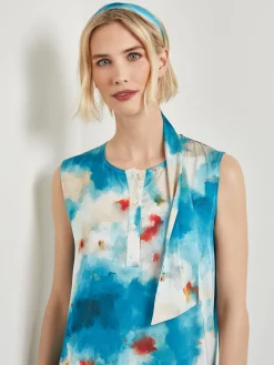 Dresses|Misook Watercolor Removable Shawl Collar Crepe Maxi Dress FrenchBlue/BasinBlue/StarAnise/Macadamia/RedSunset/NewIvory