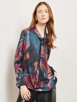 Blouses & Shirts|Tops & Tees|Misook Watercolor Tie Neck Crepe de Chine Blouse MarineTeal/AfricanViolet/Goldenwood/SoftMauve/NewIvory/Black