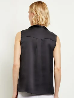 Blouses & Shirts|Tops & Tees|Misook Waterfall Ruffle Crepe de Chine Blouse Black