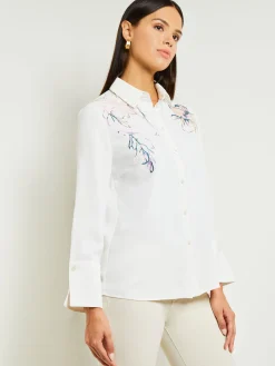 Blouses & Shirts|Tops & Tees|Misook White Floral Top - Crepe de Chine Blouse | White/RosePetal/Macchiato/LavenderField/Spruce/Biscotti
